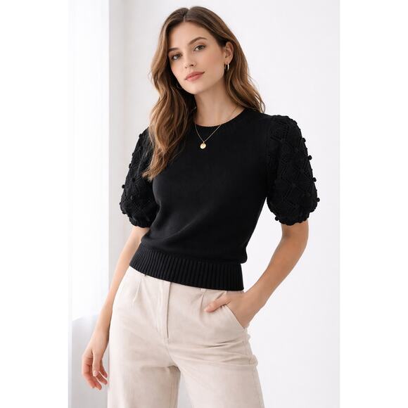 Anthropologie Tops - Anthropologie Black Puff Sleeve Knit Top XS Scandinavian Minimal Quiet luxury